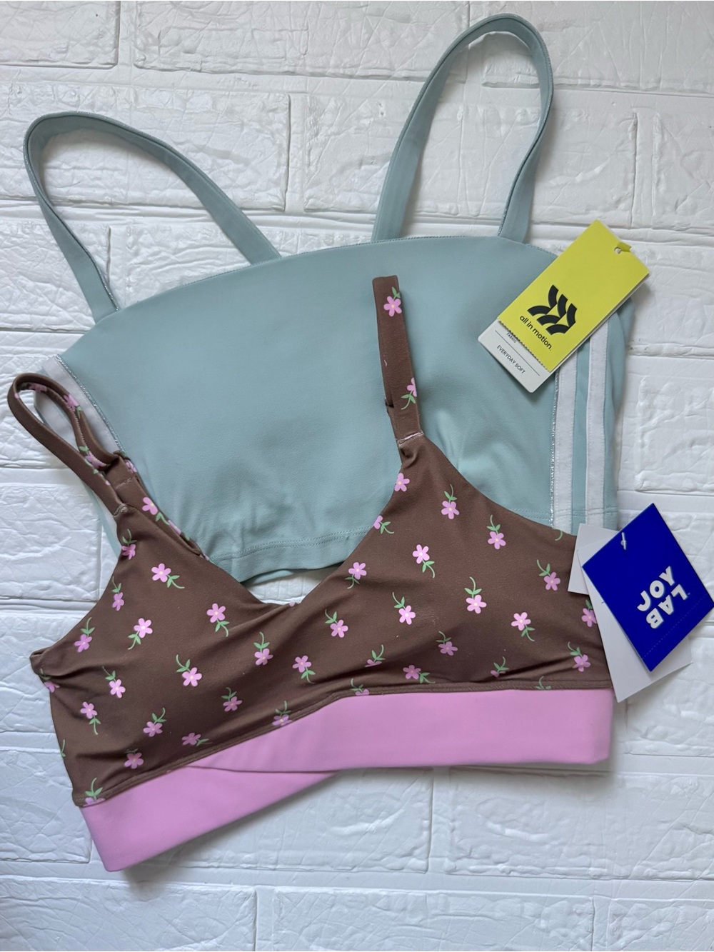 New XS JoyLab Floral Brown + All In motion Light Aqua Blue Sports Bra’s